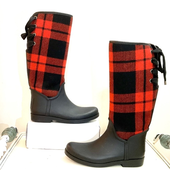 Coach Tristee Back Lace Up Fleece Lined Buffalo Plaid Rain Rubber Boots Size 10B - Picture 1 of 16
